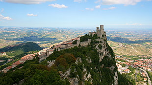 gray concrete castle on top of mountain, nature, bird's eye view, village, castle HD wallpaper