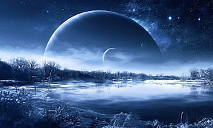 painting of blue moon and planet, stars, planet, galaxy, snow HD wallpaper