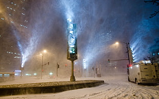 gray car, snow, winter, lights, night