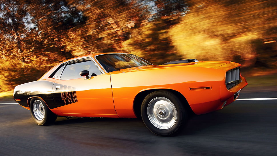 orange Dodge Challenger, car, Plymouth Barracuda, orange cars HD wallpaper