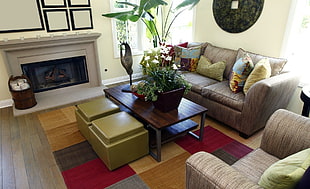 rectangular brown wooden center table near fireplace HD wallpaper