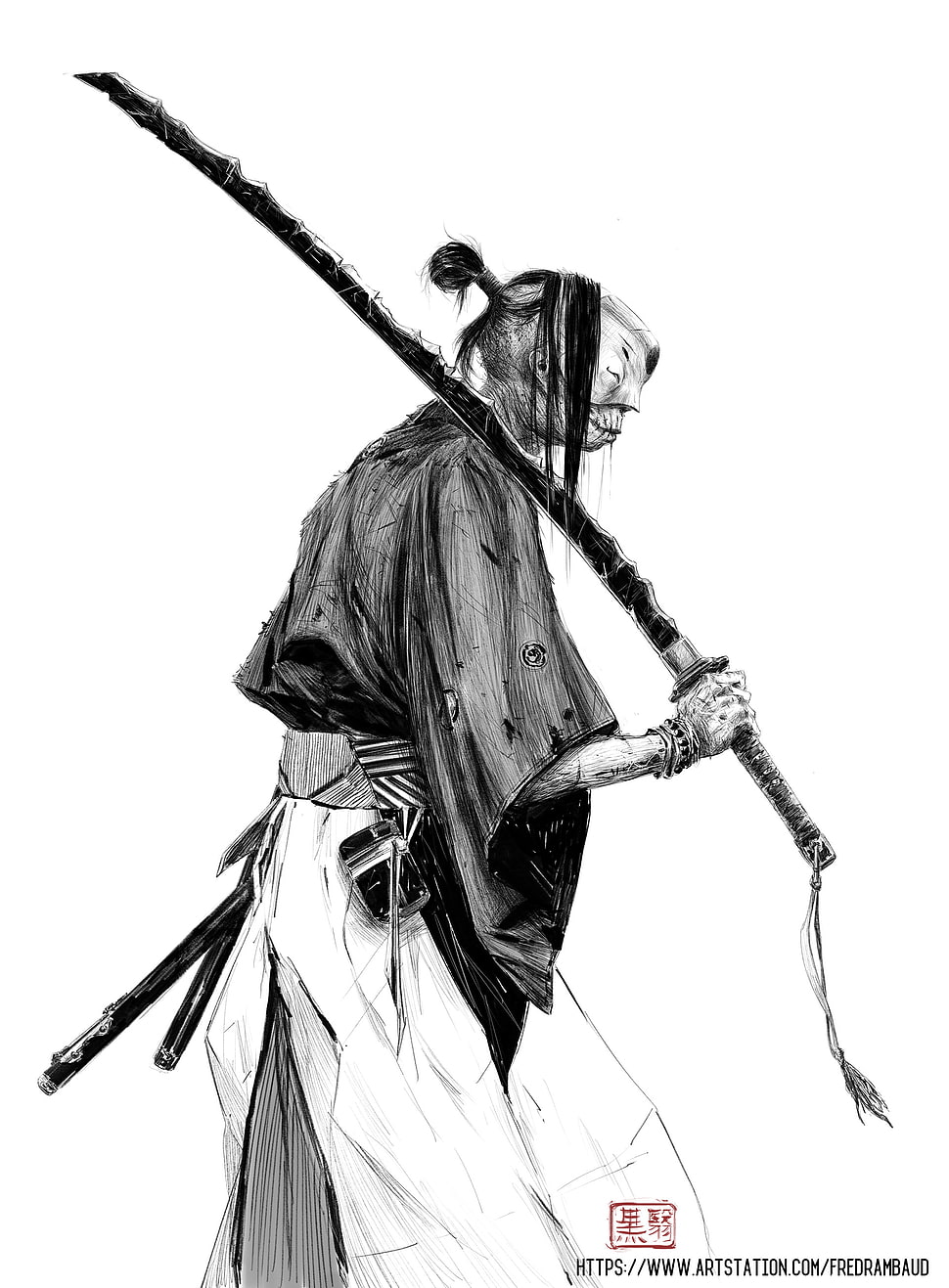 Person walking holding katana sketch, artwork, simple background ...