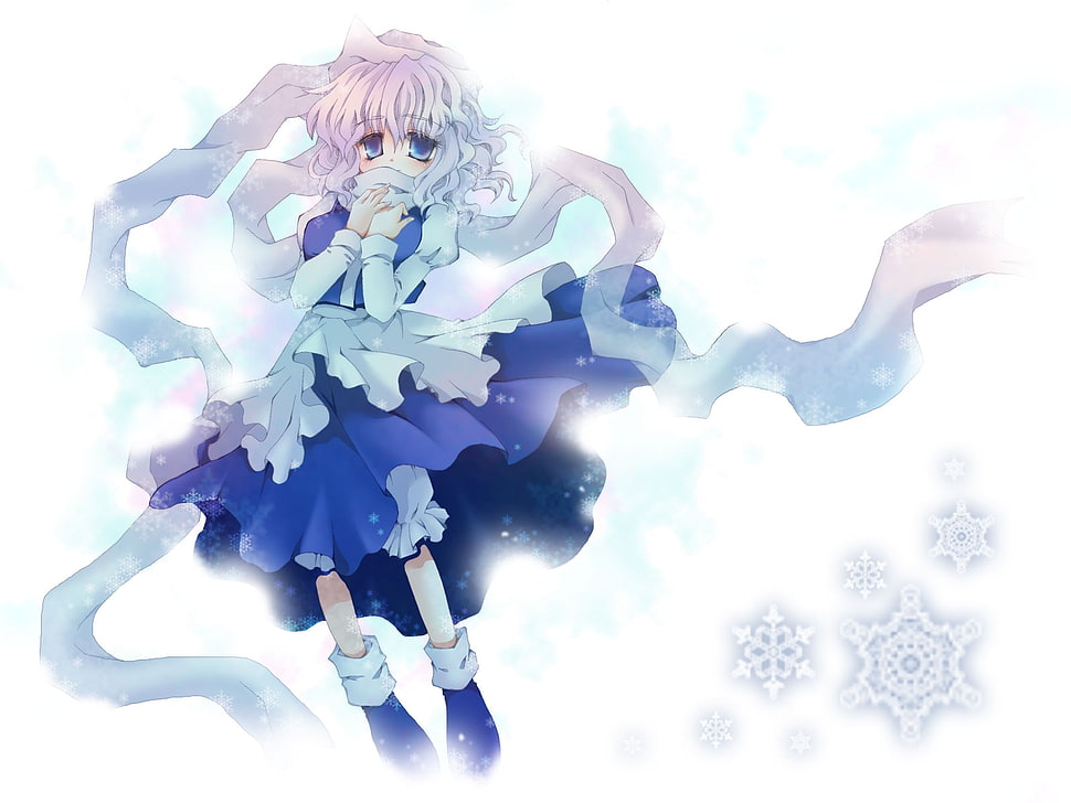 white haired anime character with snowflakes background HD wallpaper
