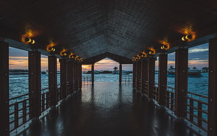 brown wooden dock, water, sunset HD wallpaper