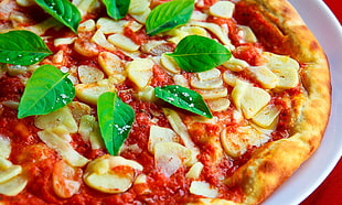 pepperoni pizza with basil leaves HD wallpaper
