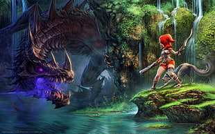 red haired woman fighting dragon HD wallpaper
