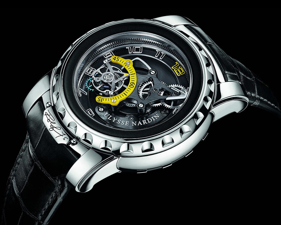 round black and silver-colored Ulysse Nardin mechanical watch HD wallpaper