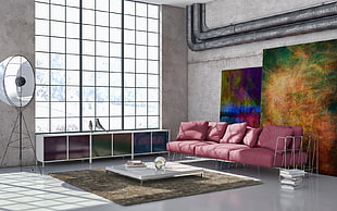 sun ray reflect on pink fabric padded with metal base sofa HD wallpaper