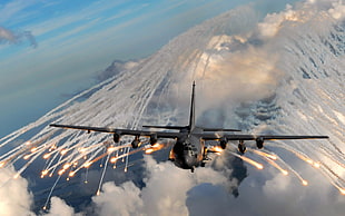 black fighter plane with white cloudy sky at daytime