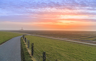 gray concrete road at the middle of green grass field during golden hour