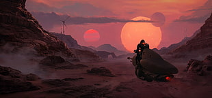 person riding vehicle illustration, artwork, science fiction