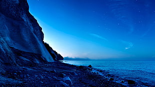 body of water and mountain, beach, nature, blue, sky