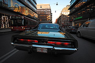 classic black car, car, Dodge, city, street HD wallpaper