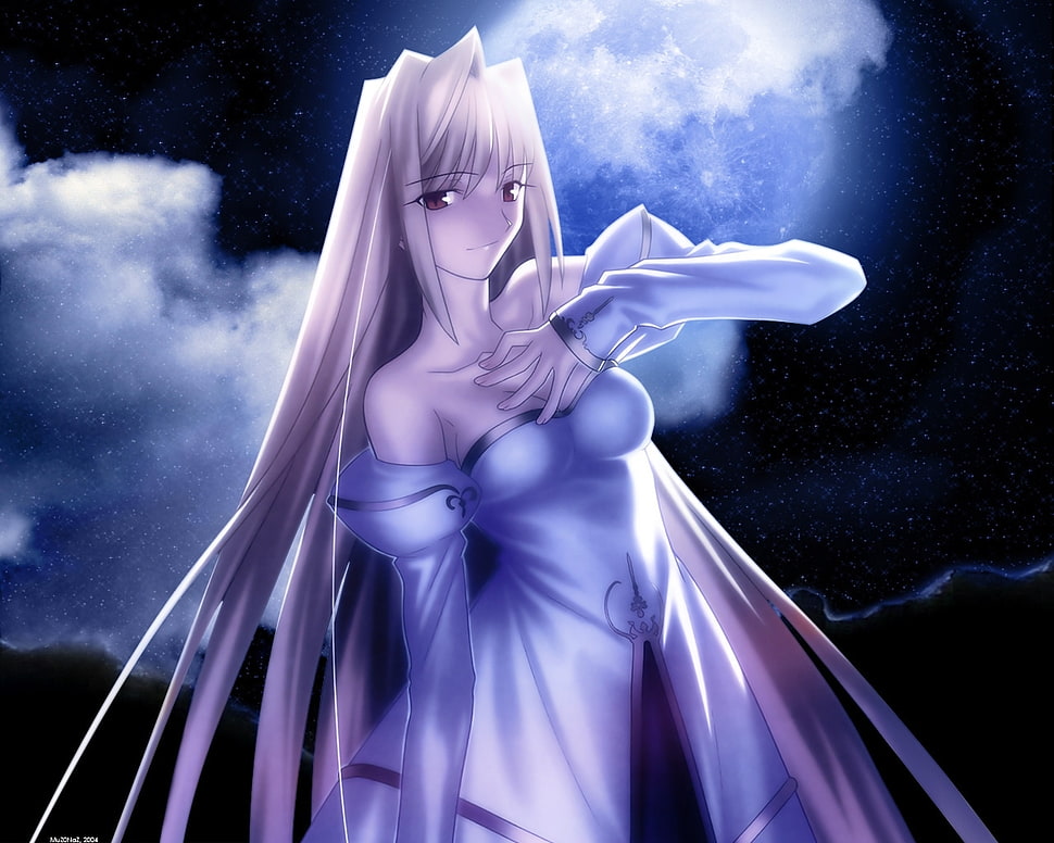 female anime character in purple dress illustration HD wallpaper