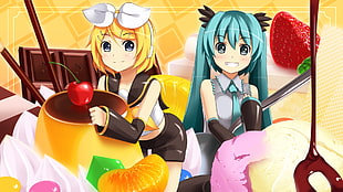 Hatsune Miku and female yellow haired character illustration HD wallpaper