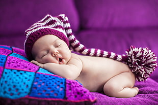 pink and burgundy knit bobble hat, baby, sleeping HD wallpaper