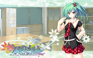 green haired female character digital wallpaper