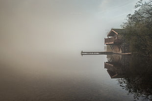 brown building, nature, landscape, lake, mist HD wallpaper