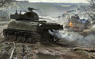 battle tank on open field beside trees near mountain during daytime HD wallpaper