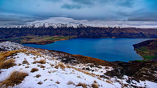 snow covered land, landscape, lake, sea, mountains