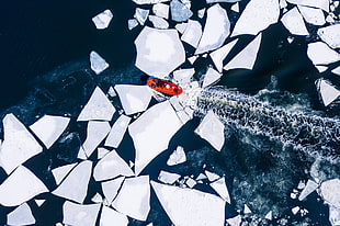 red boat, aerial view, sea, ice, blue HD wallpaper
