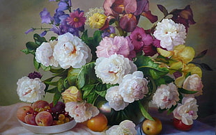 white, purple, and yellow flowers in vase painting, flowers, fruit, painting, still life HD wallpaper