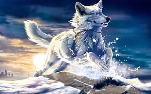 blue wolf illustration, fantasy art, dog, snow, artwork HD wallpaper