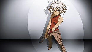 gray hair female anime character wears red top and gray pants holding gun HD wallpaper