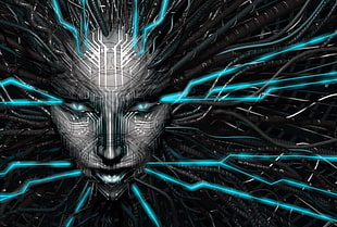 black and gray illustration wallpaper, Shodan, face, video games, wires HD wallpaper