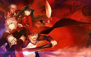 two male and two female anime characters holding sword with red background wallpaper HD wallpaper