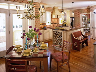 brown wooden dining set near kitchen inside house HD wallpaper
