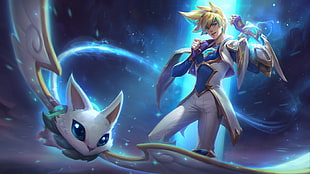 anime character in white and blue suit with winged pet artwork, League of Legends, Star Guardian, anime, stars HD wallpaper