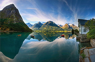 white and gray cabin, mountains, lake, reflection, water