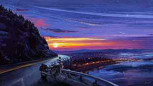 painting of gray cruiser motorcycle, Aenami, digital art, sunset, motorcycle HD wallpaper