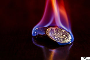 several round silver-colored coins, money, fire