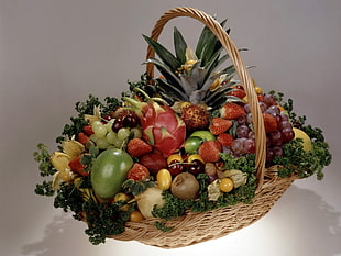 still life photography of plenty of fruits on wicker basket HD wallpaper