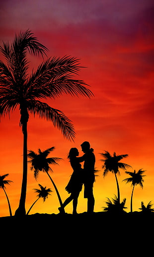 silhouette of couple surrounded by palm trees painting