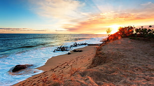 brown beach sand and blue ocean with orange sunset