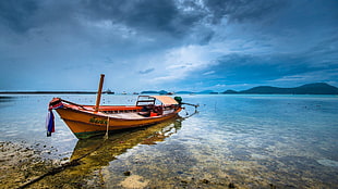 red wooden boat, nature, landscape, water, clouds HD wallpaper