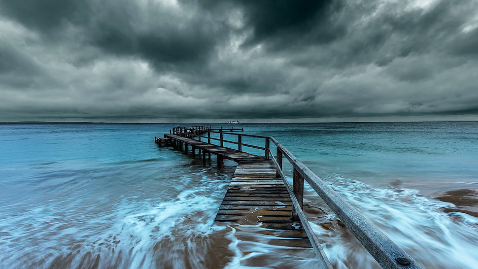 Black and gray metal frame, sea, pier, clouds HD wallpaper | Wallpaper ...