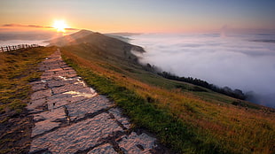 brown and white wooden bed frame, hills, path, clouds, horizon HD wallpaper