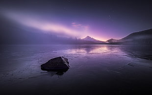 rock boulder on body of water digital wallpaper, nature, landscape, mist, sunset