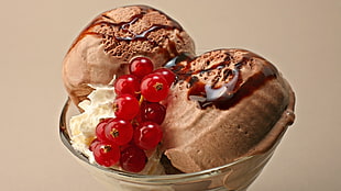 chocolate ice cream with red cherry, food, dessert, ice cream HD wallpaper