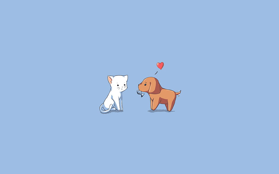 cat and puppy illustration HD wallpaper