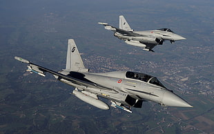 two gray aircrafts, Eurofighter Typhoon, jet fighter, airplane, aircraft HD wallpaper