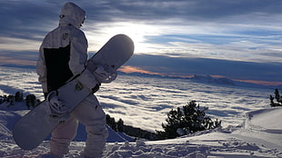 white snowboard, snow, snowboarding, mountains HD wallpaper