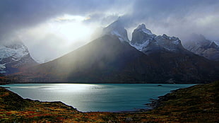 snow covered mountain under white clouds at daytime, nature, landscape, mountains, lake