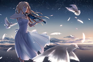 female anime character with dove wallpaper