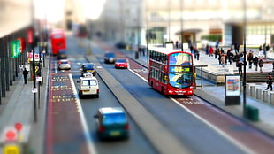 red bus, cityscape, blurred, car, England HD wallpaper