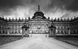 gray scale photo of building